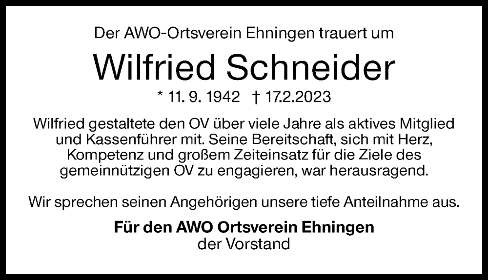  Traueranzeige für Wilfried Schneider vom 02.03.2023 aus Kreiszeitung Böblinger Bote