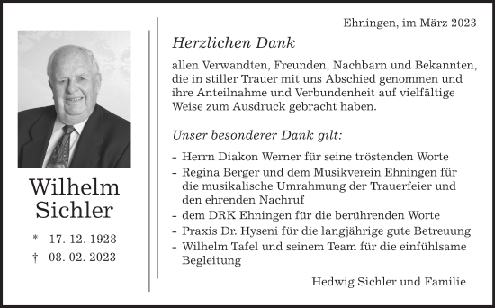 Traueranzeige von Wilhelm Sichler von Kreiszeitung Böblinger Bote