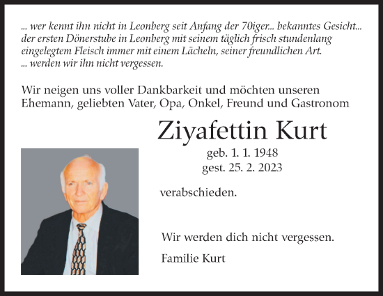 Traueranzeige von Ziyafettin Kurt von Kreiszeitung Böblinger Bote