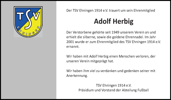 Traueranzeige von Adolf Herbig von Kreiszeitung Böblinger Bote