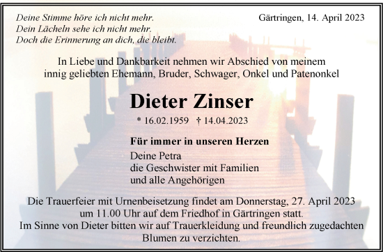 Traueranzeige von Dieter Zinser von Kreiszeitung Böblinger Bote