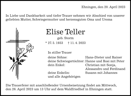 Traueranzeige von Elise Teller von Kreiszeitung Böblinger Bote