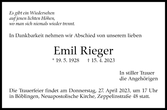 Traueranzeige von Emil Rieger von Kreiszeitung Böblinger Bote