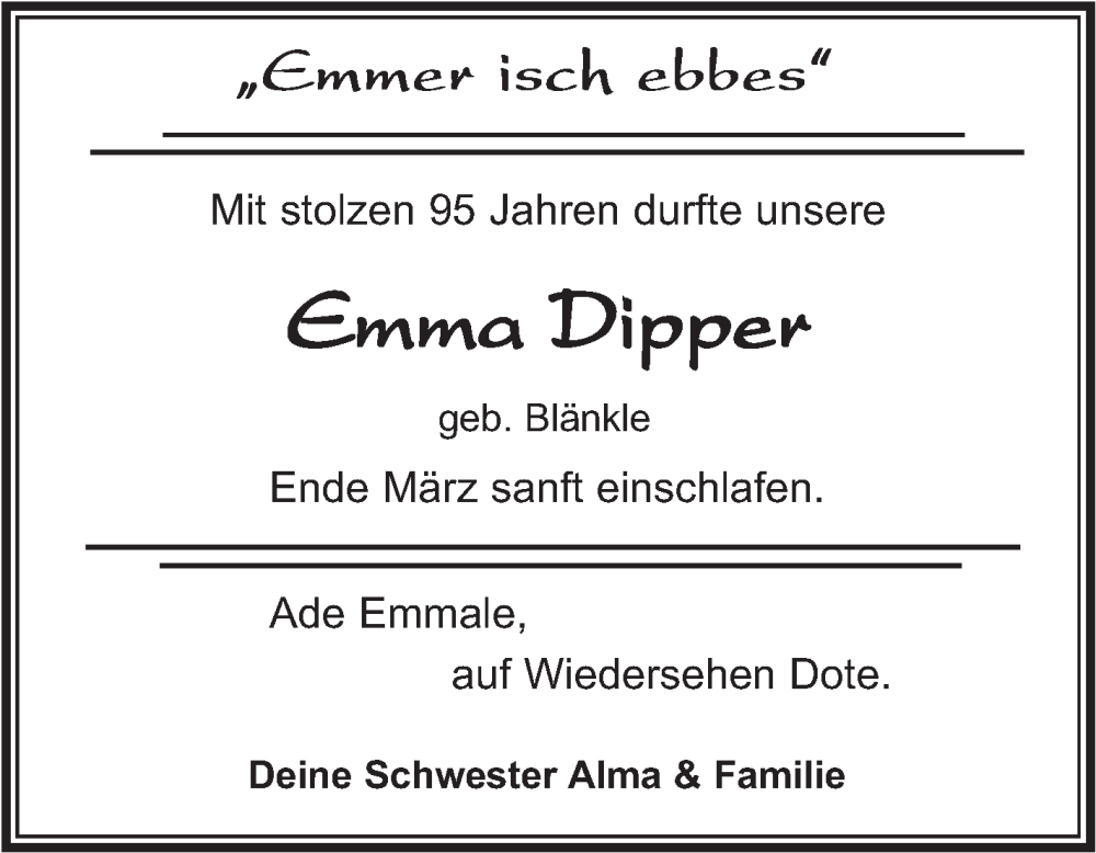  Traueranzeige für Emma Dipper vom 20.04.2023 aus Kreiszeitung Böblinger Bote