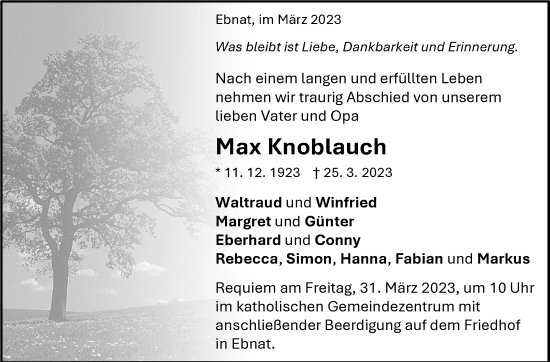 Traueranzeige von Max Knoblauch  von Kreiszeitung Böblinger Bote