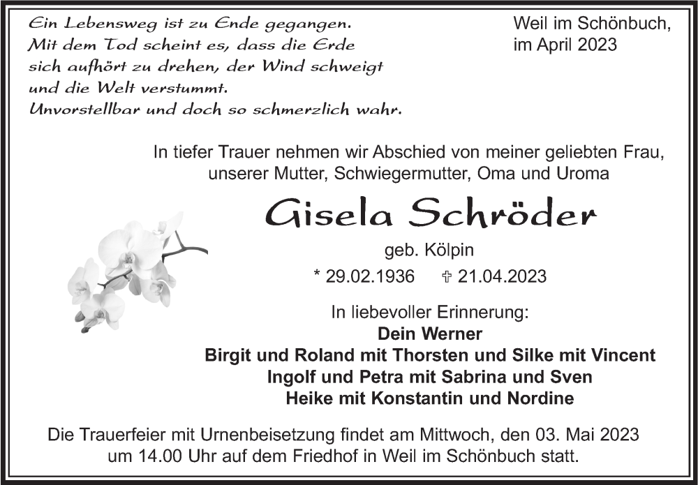 Traueranzeige für Gisela Schröder vom 27.04.2023 aus Kreiszeitung Böblinger Bote