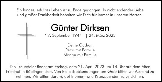 Traueranzeige von Günter Dirksen von Kreiszeitung Böblinger Bote
