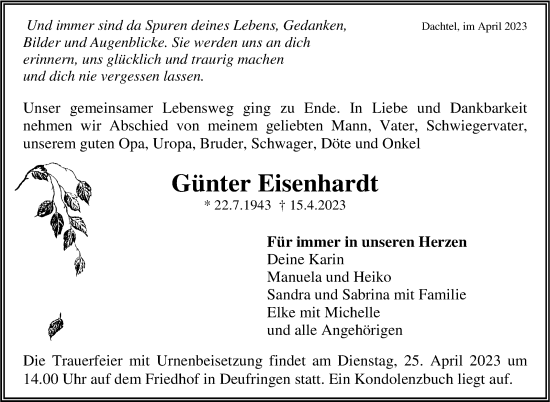 Traueranzeige von Günter Eisenhardt von Kreiszeitung Böblinger Bote