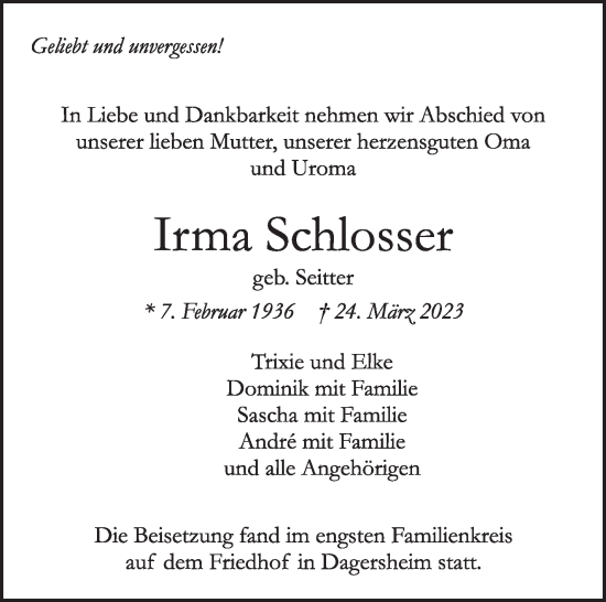 Traueranzeige von Irma Schlosser von Kreiszeitung Böblinger Bote