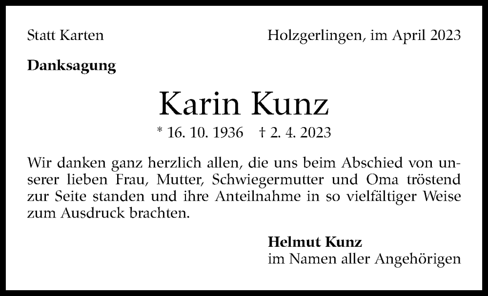  Traueranzeige für Karin Kunz vom 20.04.2023 aus Kreiszeitung Böblinger Bote