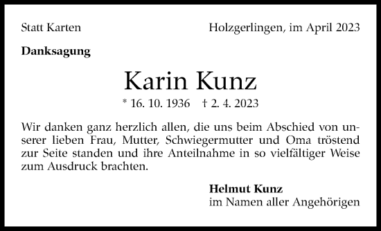 Traueranzeige von Karin Kunz von Kreiszeitung Böblinger Bote