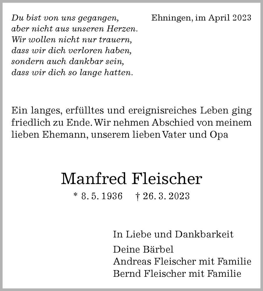  Traueranzeige für Manfred Fleischer vom 13.04.2023 aus Kreiszeitung Böblinger Bote