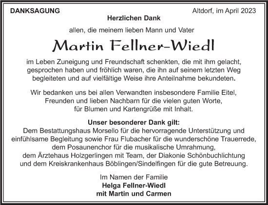Traueranzeige von Martin Fellner-Wiedl von Kreiszeitung Böblinger Bote