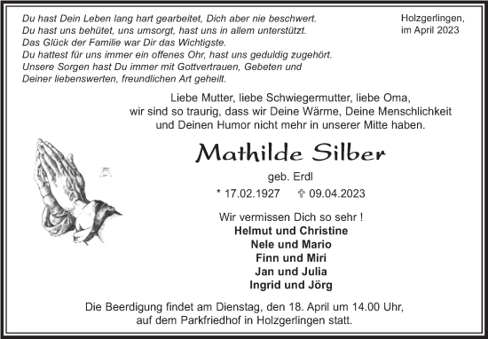Traueranzeige von Mathilde Silber von Kreiszeitung Böblinger Bote