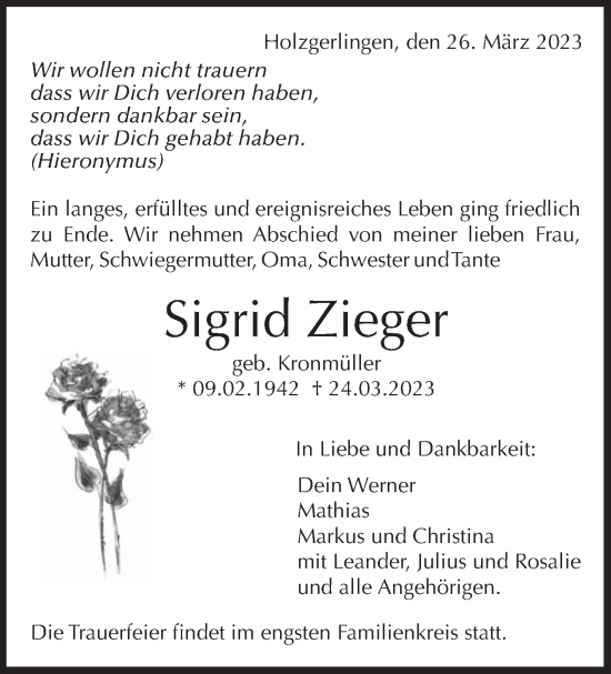 Traueranzeige von Sigrid Zieger von Kreiszeitung Böblinger Bote