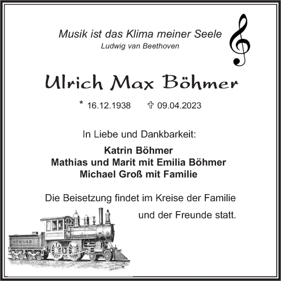 Traueranzeige von Ulrich Max Böhmer von Kreiszeitung Böblinger Bote