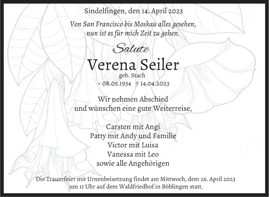 Traueranzeige von Verena Seiler von Kreiszeitung Böblinger Bote