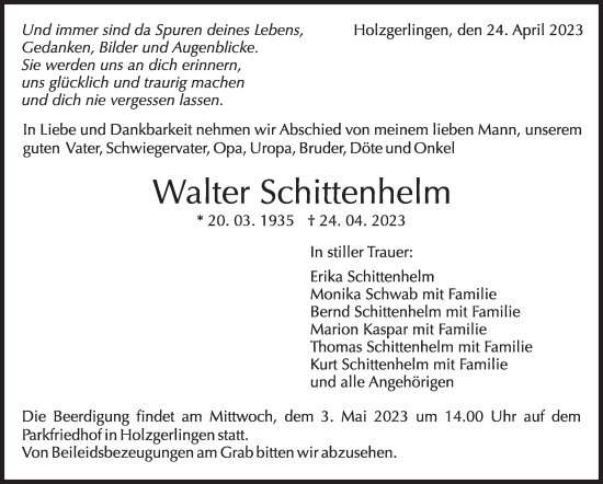 Traueranzeige von Walter Schittenhelm von Kreiszeitung Böblinger Bote