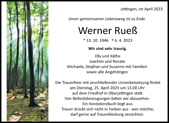 Traueranzeige von Werner Rueß von Kreiszeitung Böblinger Bote