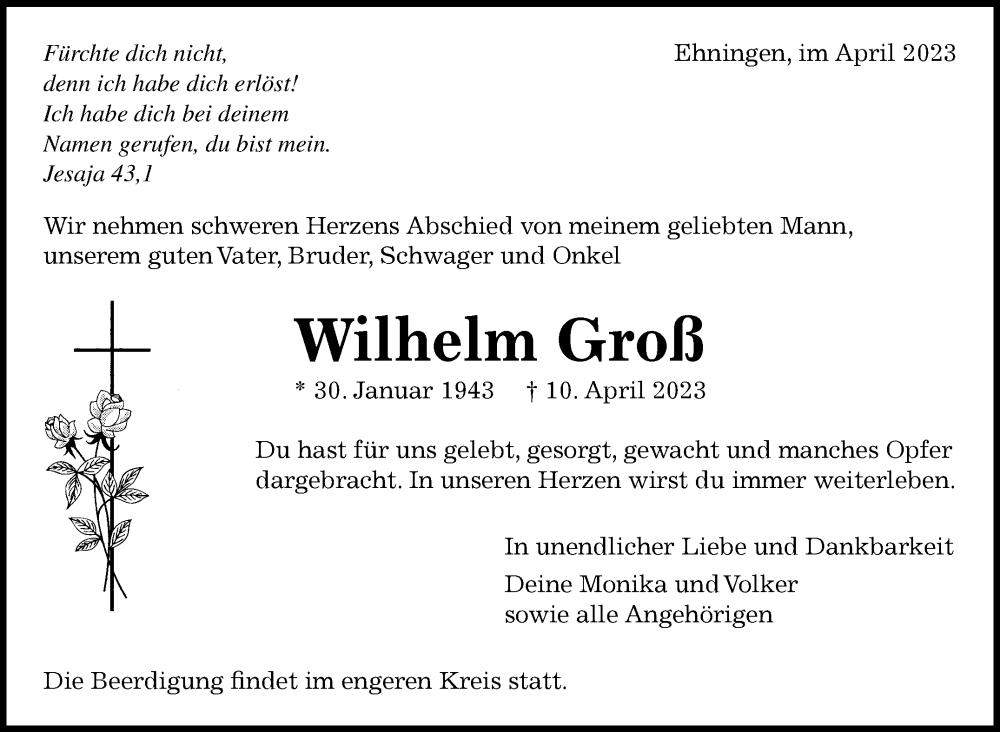  Traueranzeige für Wilhelm Groß vom 18.04.2023 aus Kreiszeitung Böblinger Bote