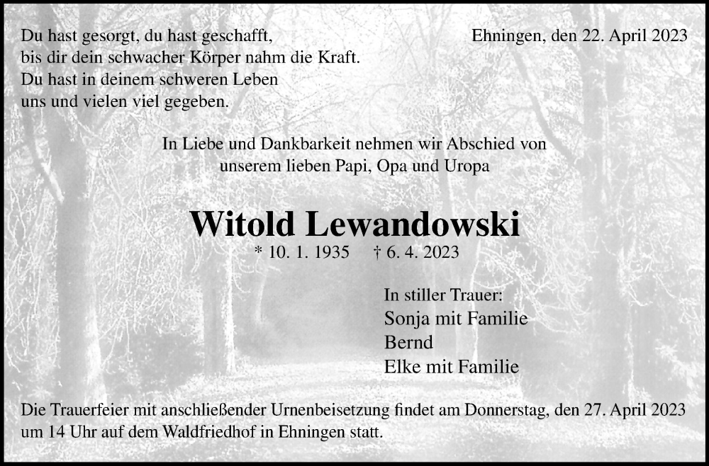  Traueranzeige für Witold Lewandowski vom 20.04.2023 aus Kreiszeitung Böblinger Bote