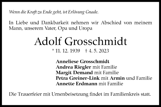 Traueranzeige von Adolf Grosschmidt von Kreiszeitung Böblinger Bote
