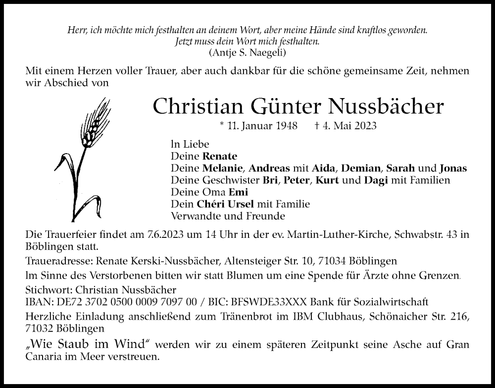  Traueranzeige für Christian Günter Nussbächer vom 16.05.2023 aus Kreiszeitung Böblinger Bote