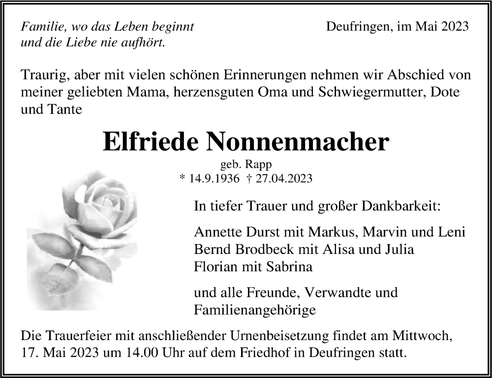  Traueranzeige für Elfriede Nonnenmacher vom 11.05.2023 aus Kreiszeitung Böblinger Bote