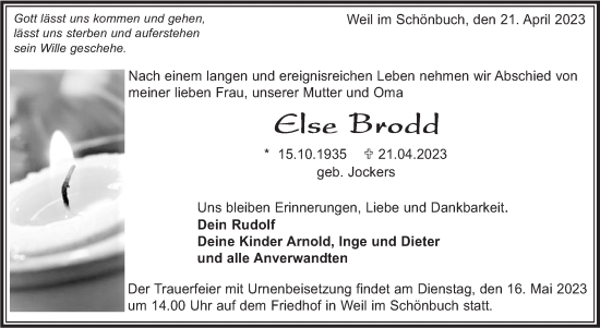 Traueranzeige von Else Brodd von Kreiszeitung Böblinger Bote