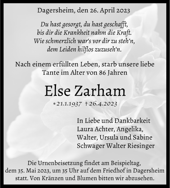 Traueranzeige von Else Zarham von Kreiszeitung Böblinger Bote