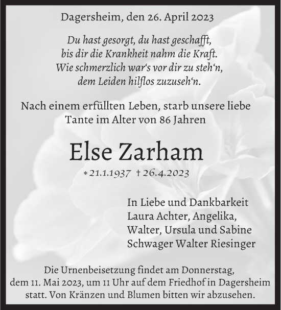 Traueranzeige von Else Zarham von Kreiszeitung Böblinger Bote
