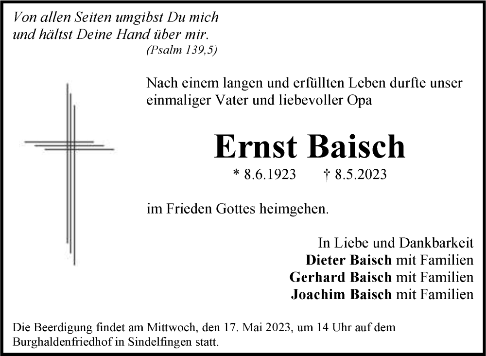  Traueranzeige für Ernst Baisch vom 13.05.2023 aus Kreiszeitung Böblinger Bote