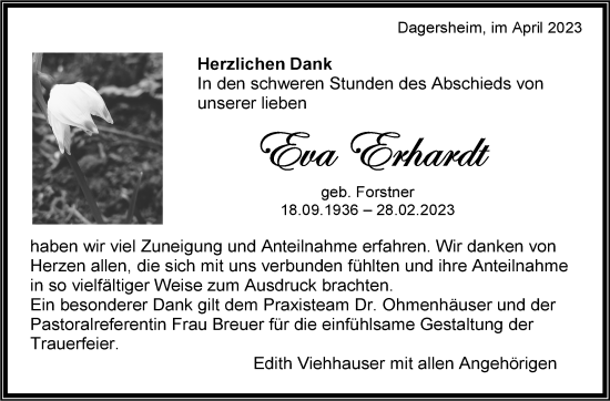Traueranzeige von Eva Erhardt von Kreiszeitung Böblinger Bote