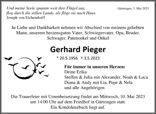 Traueranzeige von Gerhard Pieger von Kreiszeitung Böblinger Bote