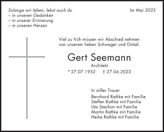 Traueranzeige von Gert Seemann von Kreiszeitung Böblinger Bote