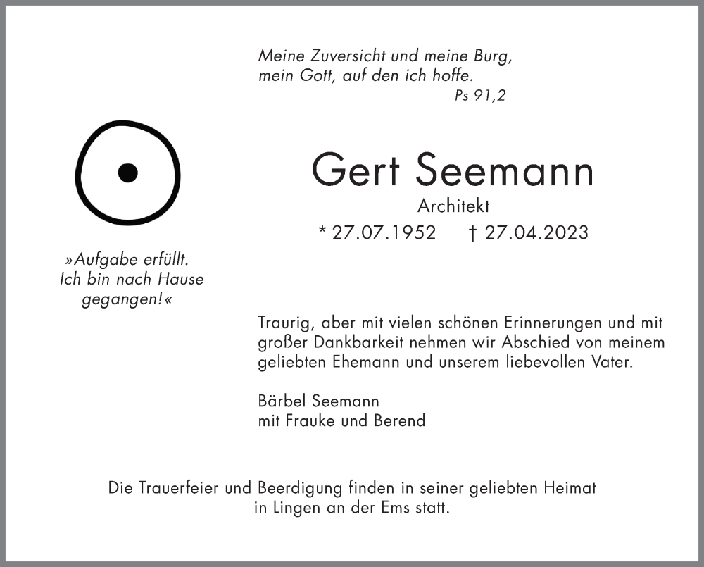  Traueranzeige für Gert Seemann vom 04.05.2023 aus Kreiszeitung Böblinger Bote