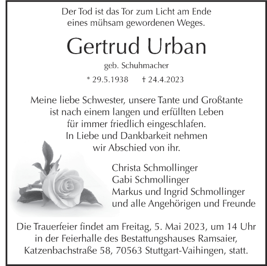 Traueranzeige von Gertrud Urban von Kreiszeitung Böblinger Bote
