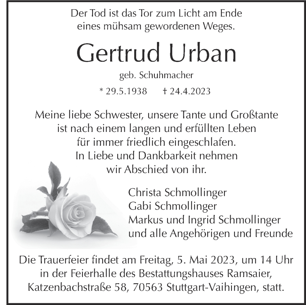  Traueranzeige für Gertrud Urban vom 03.05.2023 aus Kreiszeitung Böblinger Bote