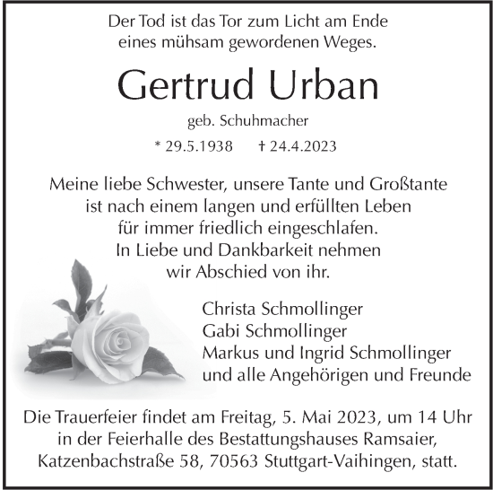 Traueranzeige von Gertrud Urban von Kreiszeitung Böblinger Bote