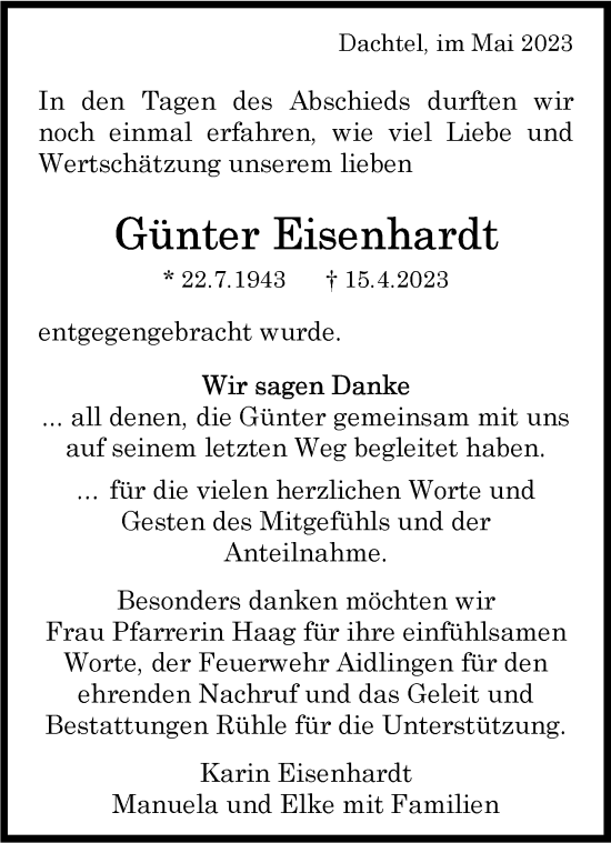 Traueranzeige von Günter Eisenhardt von Kreiszeitung Böblinger Bote