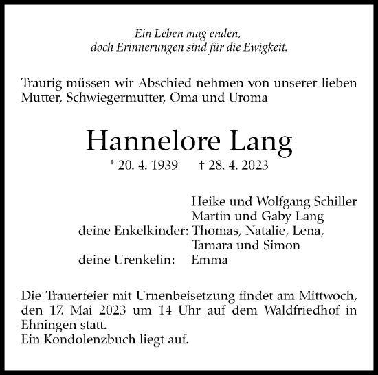 Traueranzeige von Hannelore Lang von Kreiszeitung Böblinger Bote