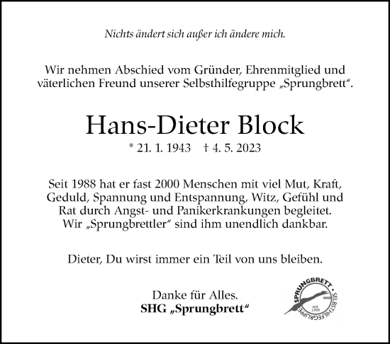 Traueranzeige von Hans-Dieter Block von Kreiszeitung Böblinger Bote