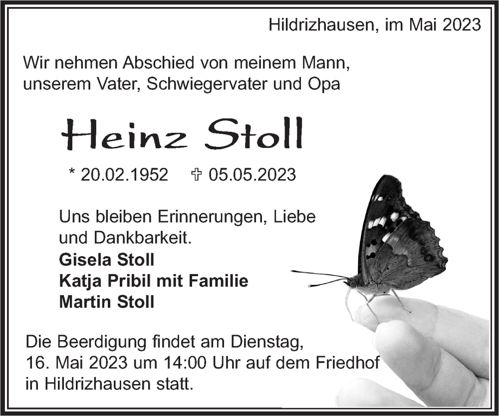  Traueranzeige für Heinz Stoll vom 12.05.2023 aus Kreiszeitung Böblinger Bote