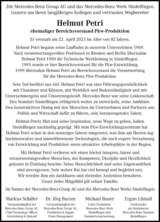 Traueranzeige von Helmut Petri von Kreiszeitung Böblinger Bote