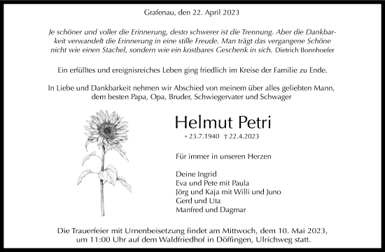 Traueranzeige von Helmut Petri von Kreiszeitung Böblinger Bote