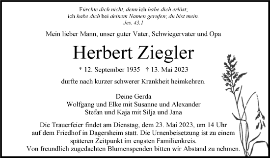 Traueranzeige von Herbert Ziegler von Kreiszeitung Böblinger Bote