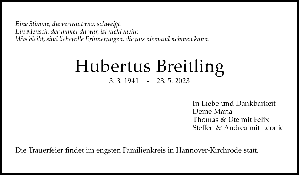  Traueranzeige für Hubertus Breitling vom 27.05.2023 aus Kreiszeitung Böblinger Bote