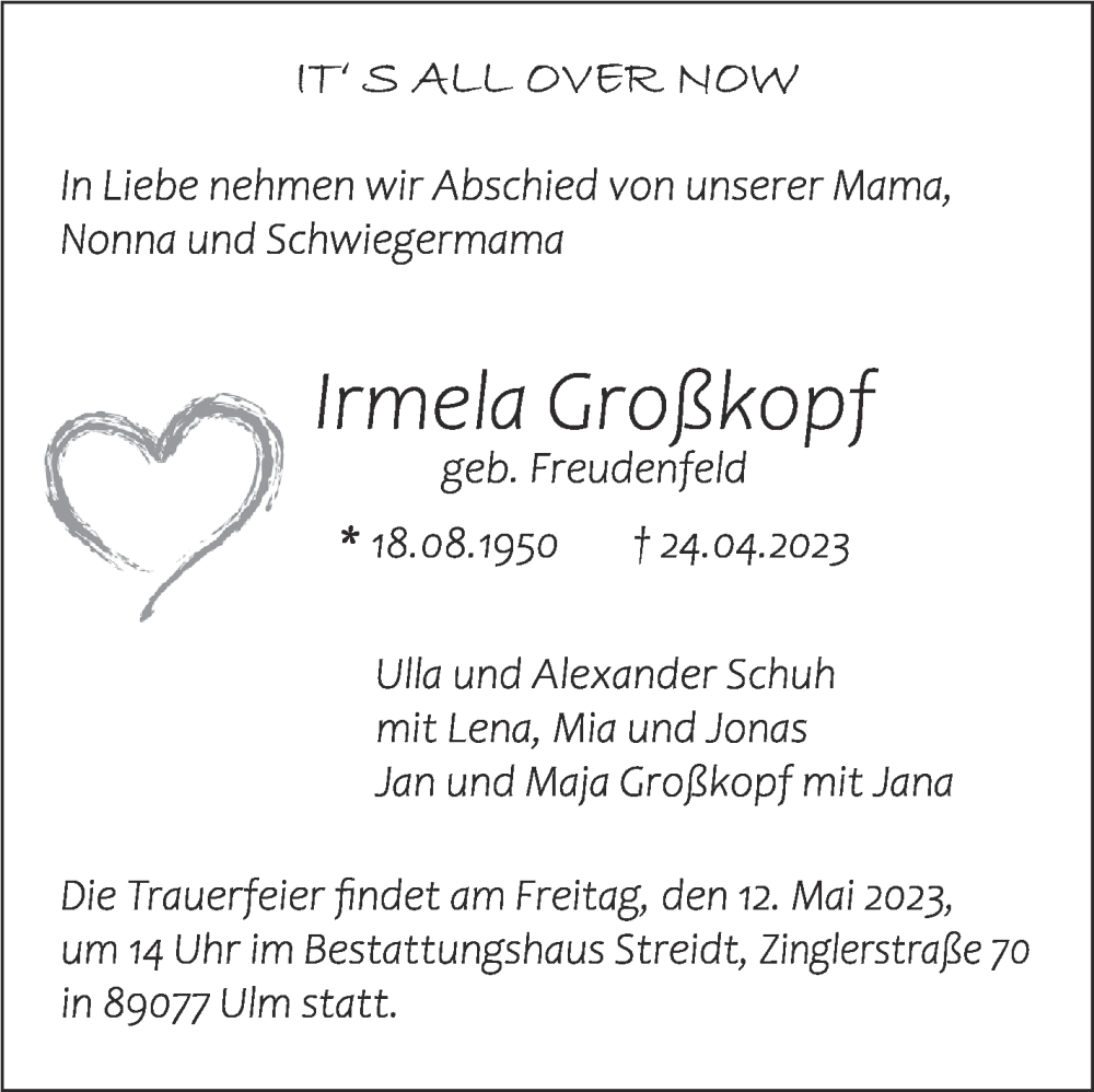  Traueranzeige für Irmela Großkopf vom 06.05.2023 aus Kreiszeitung Böblinger Bote