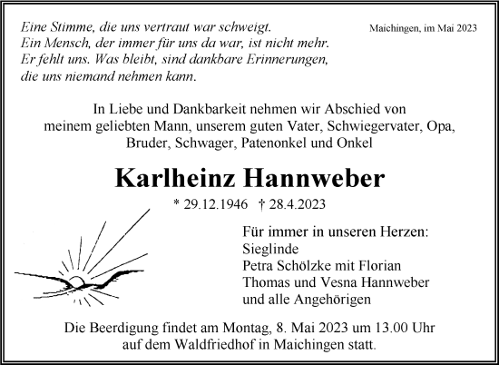 Traueranzeige von Karlheinz Hannweber von Kreiszeitung Böblinger Bote