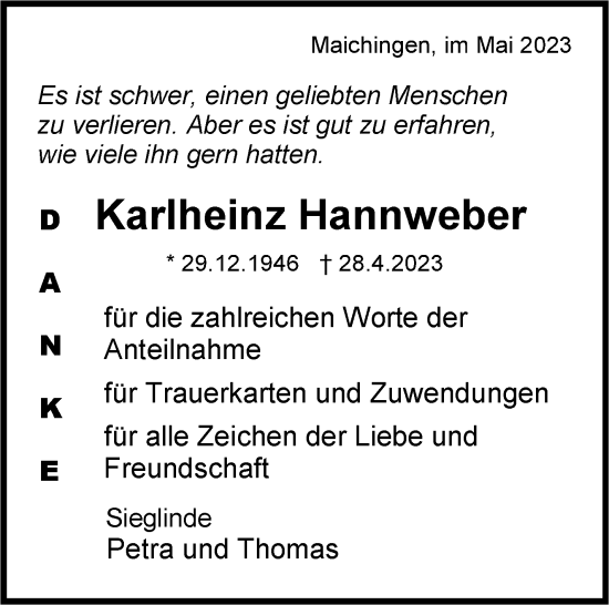 Traueranzeige von Karlheinz Hannweber von Kreiszeitung Böblinger Bote